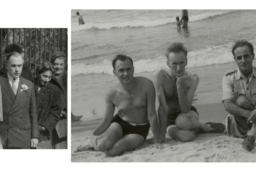 dwa czarno białe zdjęcia na nich Józef Zielicki na plaży z Czapskim i Giedroyciem, oraz zdjęcie ze ślubu Zielickiego