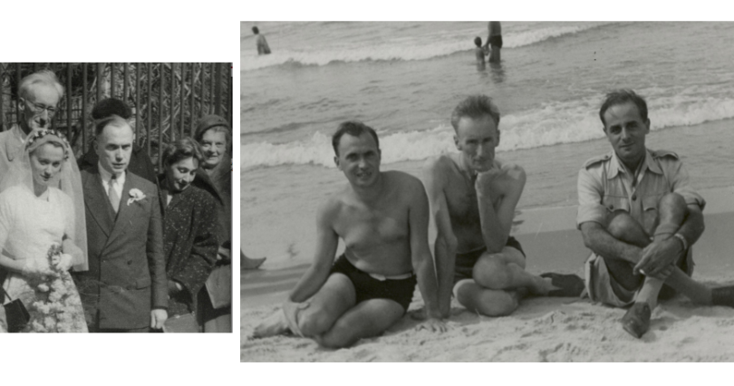 dwa czarno białe zdjęcia na nich Józef Zielicki na plaży z Czapskim i Giedroyciem, oraz zdjęcie ze ślubu Zielickiego