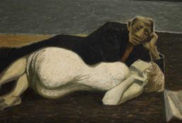 kolorowy obraz Marka Żuławskiego , dwie osoby, mężczyzna ubrany, kobieta naga, leża