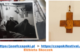grafika, kolorowe zdjęcie drewnianego krzyża po prawej, po lewej czarnobiałe zdjęcie Czapski na swoim łóżku