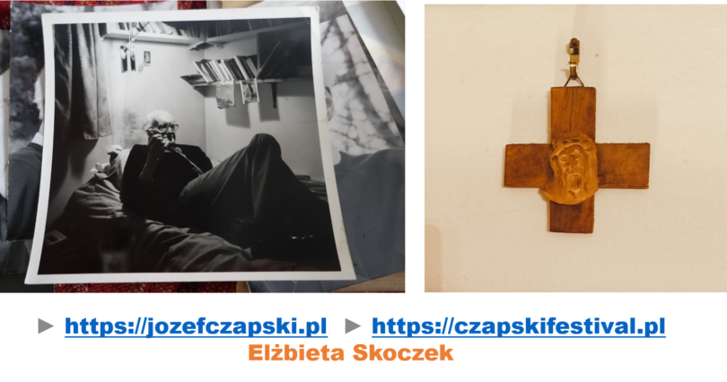 grafika, kolorowe zdjęcie drewnianego krzyża po prawej, po lewej czarnobiałe zdjęcie Czapski na swoim łóżku